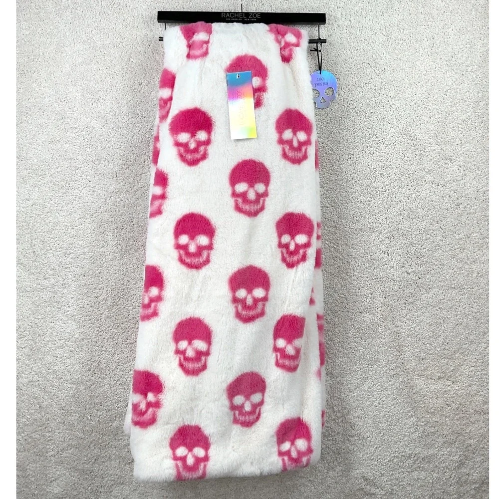 Rachel Zoe Pink Skull Luxe Faux Fur Throw Blanket White 50x70 New With Tags
